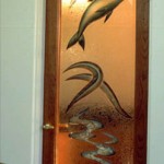 Custom carved, Glue chip and painted glass doors.